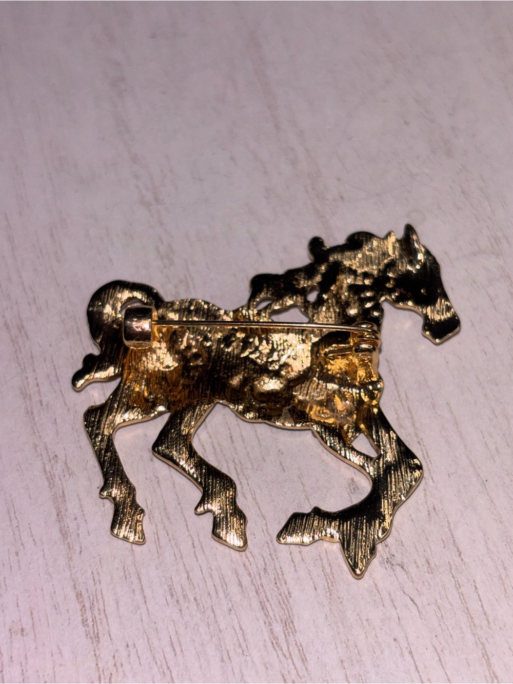Gold Tone Enamel Horse Brooch w/ Rhinestones | Teal Statement Pin - Picture 3 of 3